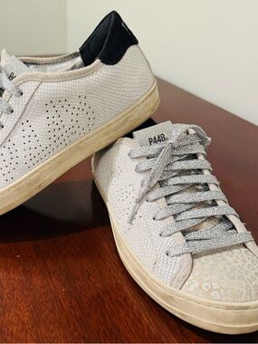 P448 Women’s Silver Leopard Print White Leather Low-Top Sneakers